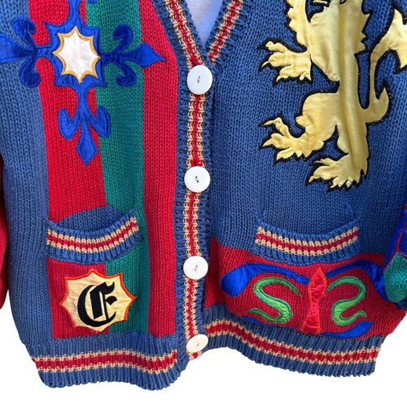 NO! Jeans Vintage 90s 80s Embroidered Knit Linen Cardigan House Of Windsor Crest - Picture 15 of 15